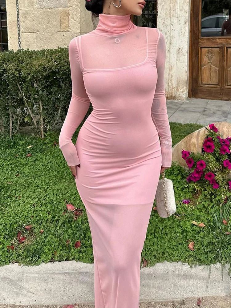 Sexy Mesh Maxi Dress Women Set 2 Piece Solid Autumn Long Sleeves Slim Turtleneck Dress Sheer Fashion Club Elegant Party Dresses 250529