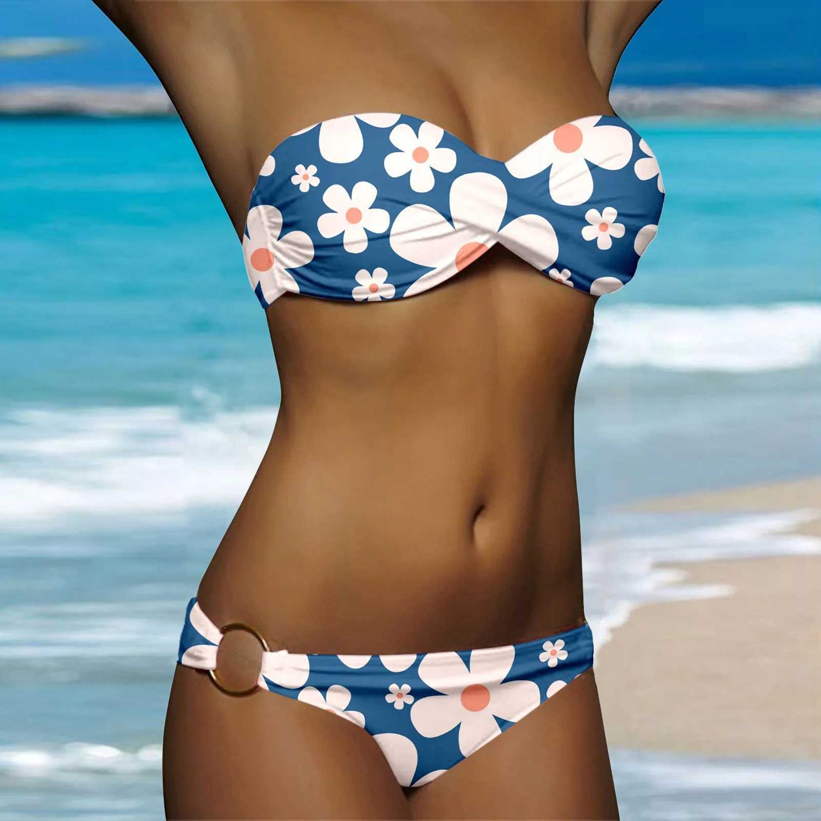 Cut Swimsuit For Women Ladies Strapless Ruched Push Up Bra Bikini Set White Dot Print Swimwear WomenS Low Waist Bikini Shorts T250602