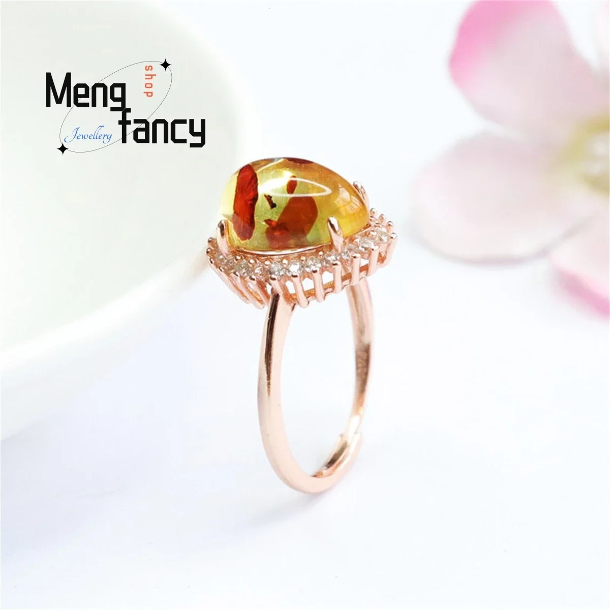 Natural S925 Silver Inlaid With Flower Pearl Amber Water Drop Wrapped Zircon Ring Simple Fashionable Exquisite Couple Fine Gift 250526