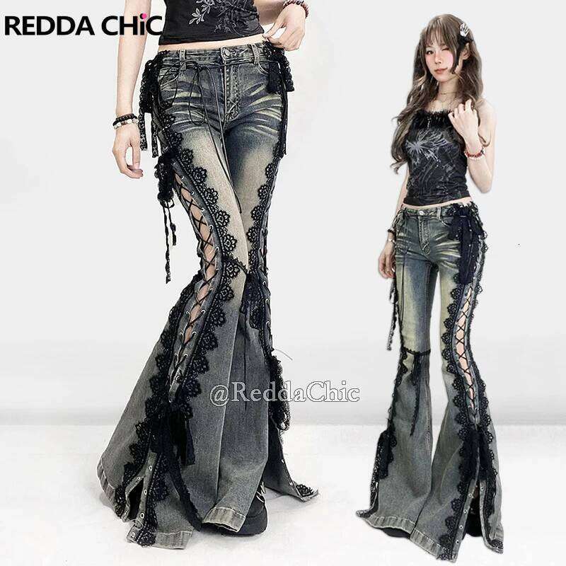 Reddachic Eyelets Up Flare Jeans Retro Lace Whiskers Slim Low Rise Split Bootcut Pants Women Bell Bottoms Streetwear