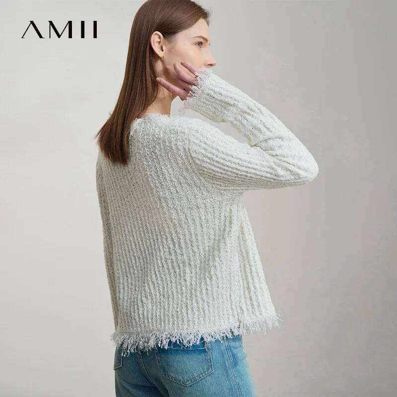 Amii Minimalist Tassel Front Shoulder Long Sleeve Women's Cardigan 2025 Spring New Commuter Splicing Short Straight Top 12551057