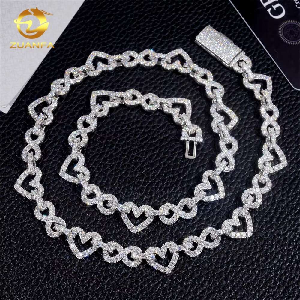 New Arrivals Rappers Hip Hop Rapper Silver 12MM VVS Moissanite Diamond Heart Mixed Infinity Necklace Cuban Link Chain