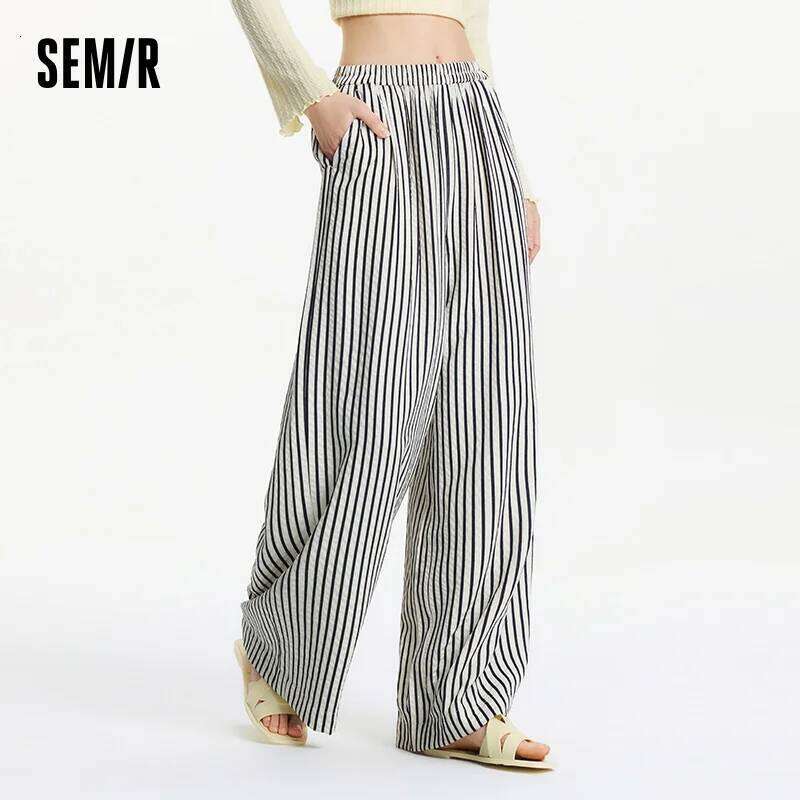 Semir Elastic Waist Casual Pants Women Lazy Chic 2025 Summer New Striped Wide Leg Lengthening Trousers For Daily Walks