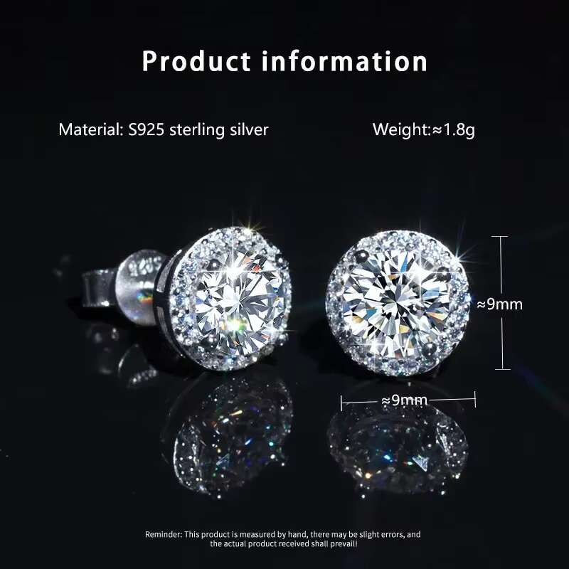 Luxury Hip Hop Classic 925 Silver Earrings VVS D Color 1CT 2CT Moissanite S925 Full Diamond Earrings for Women Wedding Jewelry