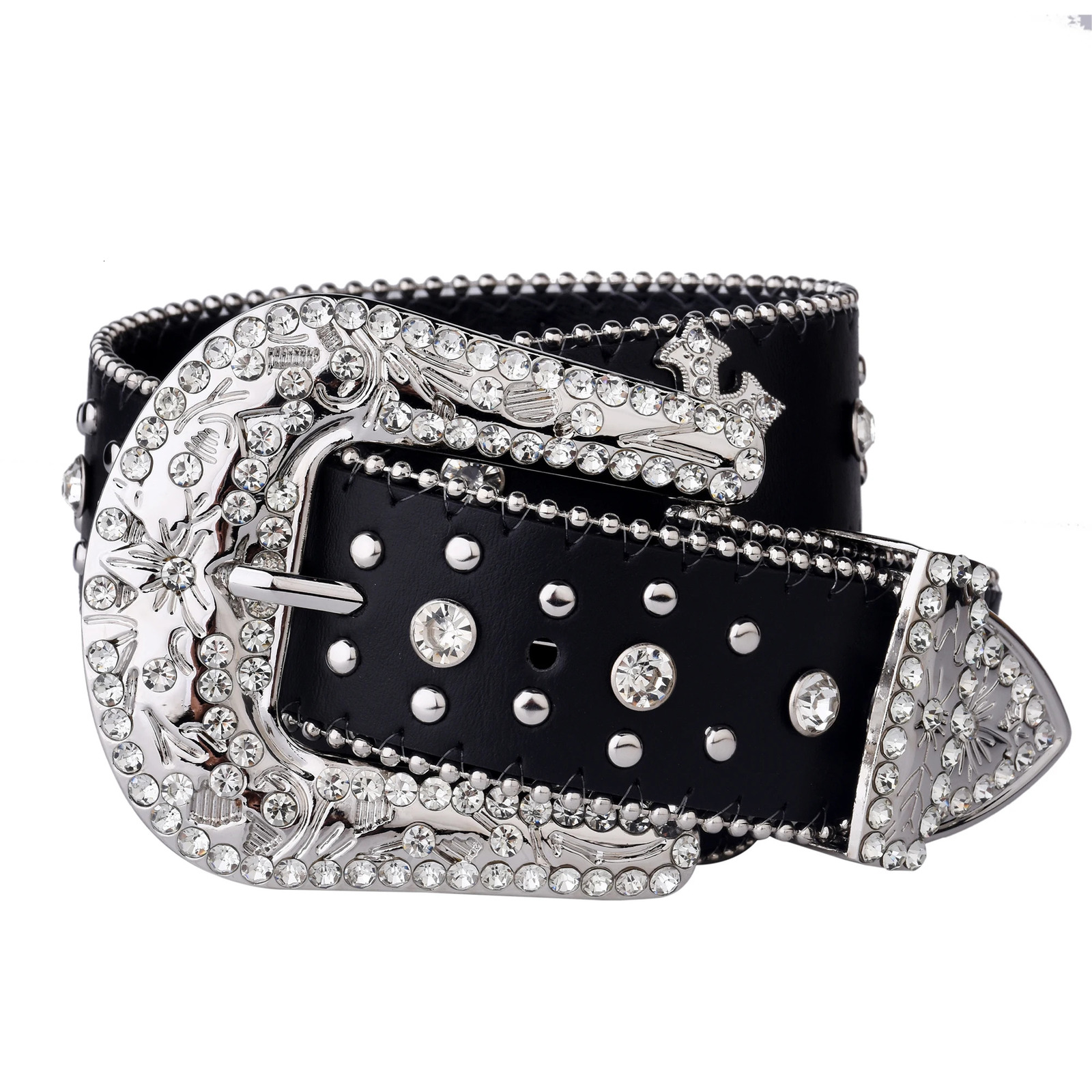 Black Cross Rivet Belt Engraved Buckle Rhinestone Decor PU Belt Hip Hop Jeans Pants Belt Punk Western Cowboy Cowgirl Belts 250530