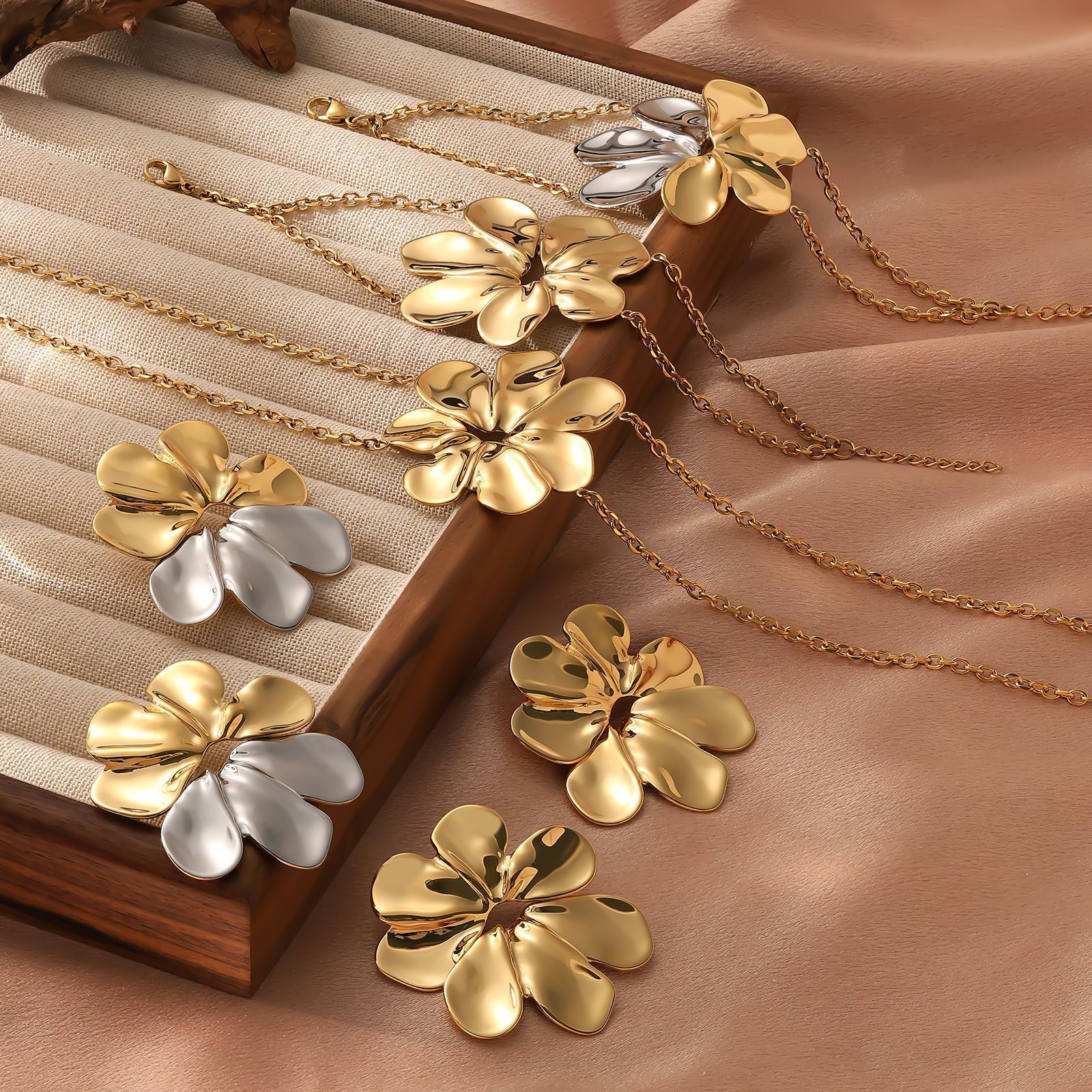 Personality Double Layer Five Petal Flower Simple Striped Leaf Tassel Earrings