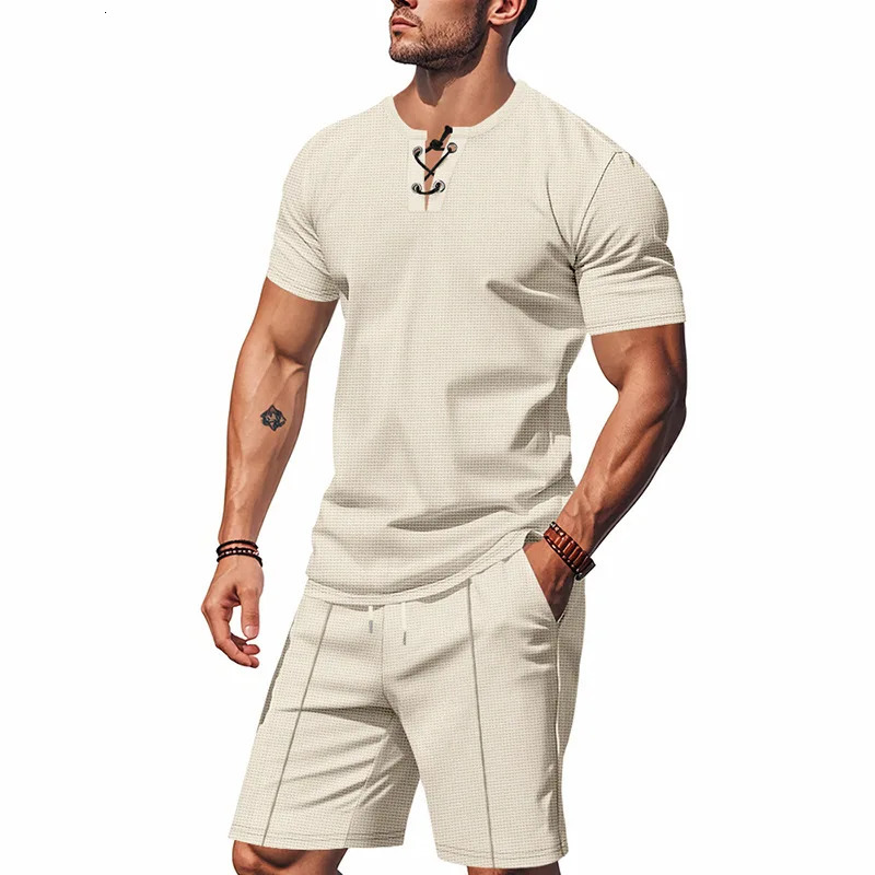 2025 Summer Simplicity Mens Suit Loose Walf Checks Fabric Breathable Comfort and Casual Short Sleeve Shorts TwoPiece 250530