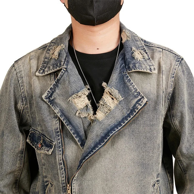 Mens Broken Hole Washed Old Denim Loose Casual Plus Size Ripped Motorcycle Jacket Cowboy Coat Man Spring Autumn Bomber Jacket 250529