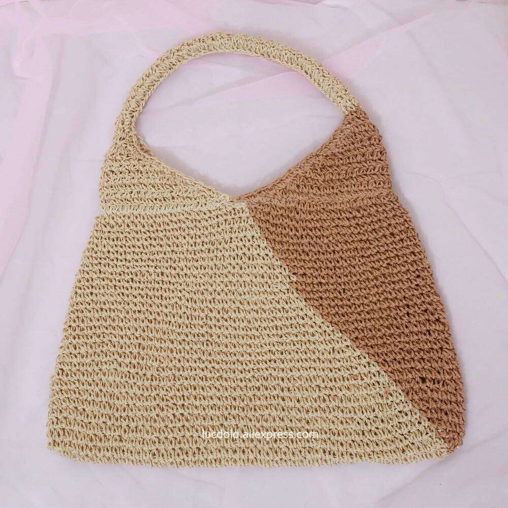 Casual Large Capacity Tote Raffia Hand-Woven Straw Bag Patchwork Women Shoulder Bags Summer Beach Handbags Big Purses