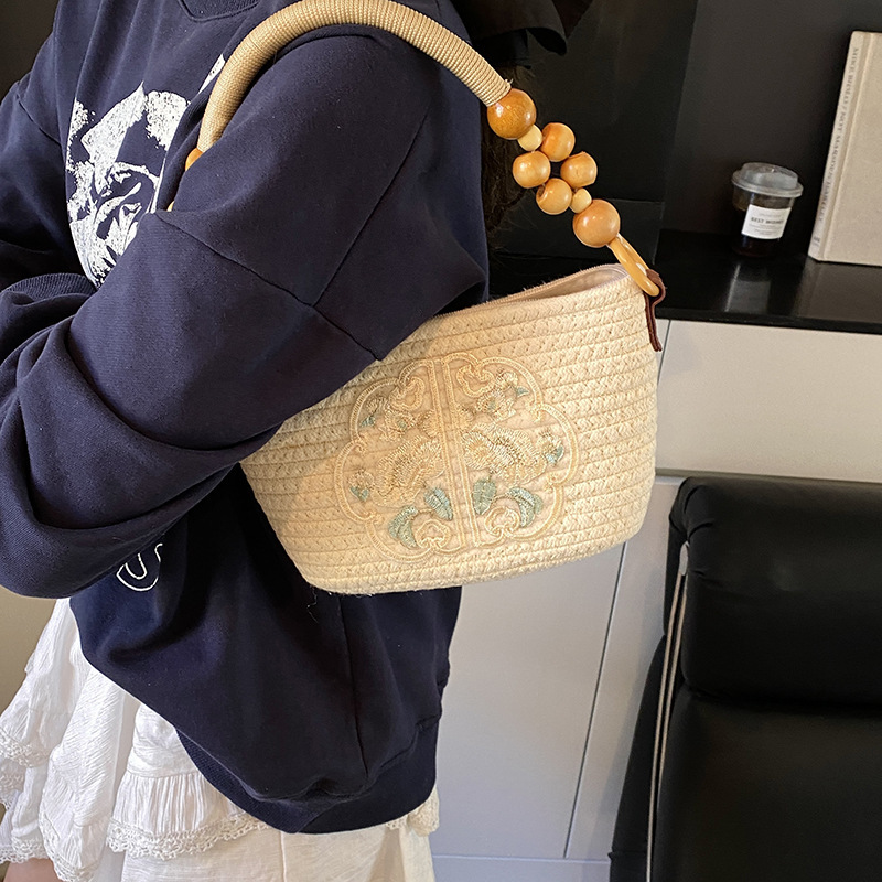 Free Shipping Designer Bag Chinese Style Minimalist Cotton Thread Womens Handbag Fashionable Commuting Tote Woven Shoulder Bag Beach Bag