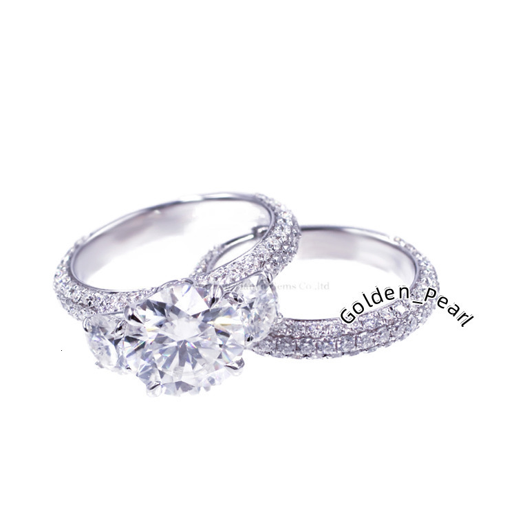 New Arrival Customized THREE Stone Moissanite White Gold Ring for Wedding Bands Engagement Ring One Set
