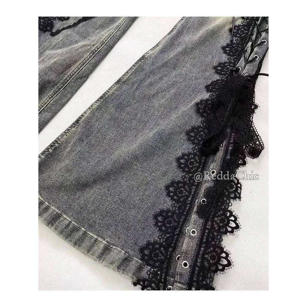 Reddachic Eyelets Up Flare Jeans Retro Lace Whiskers Slim Low Rise Split Bootcut Pants Women Bell Bottoms Streetwear