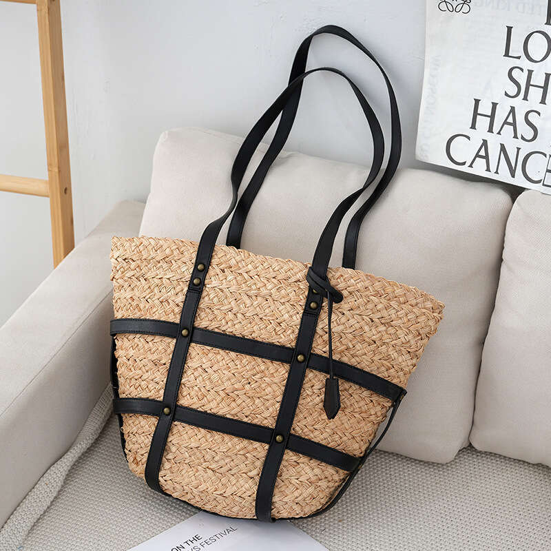 Straw Beach Tote Niche Design Raffia PU Handle Straw Beach Vacation Shoulder Patchwork Color Block Underarm Tote Bag For Women Crossbody Bag