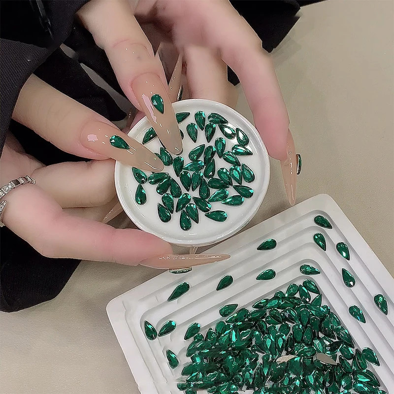 50pcs Green Nail Charms Crystal Diamond Flatback Waterdrop Shaped Rhinestones For 3D Nails Art Decorations Supplies 250528