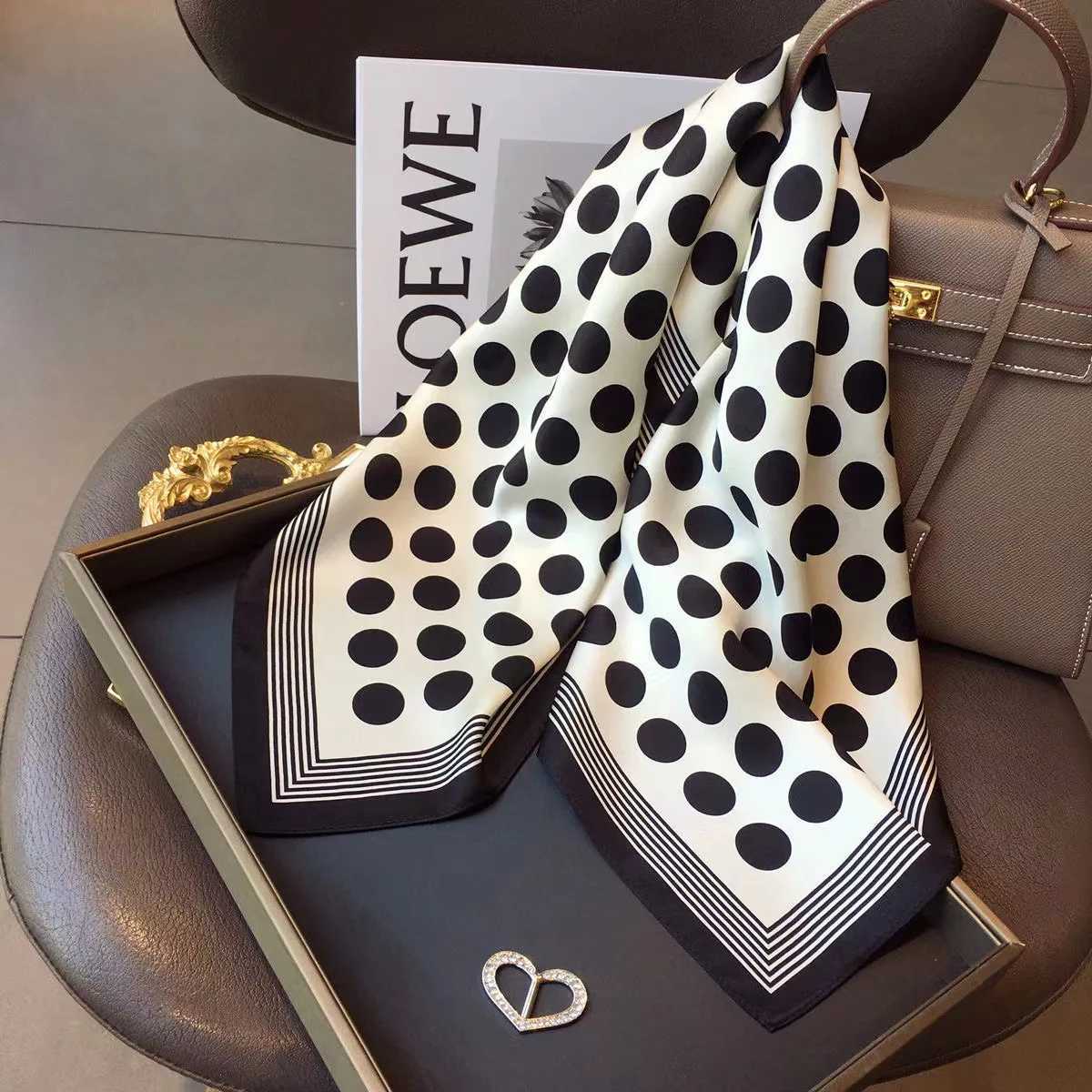 1PCS Spring/Summer Fashion 70 Square Scarf Decorative Silk Scarf Black and White Polka Dots Korean Edition Scarf Fashion W250602