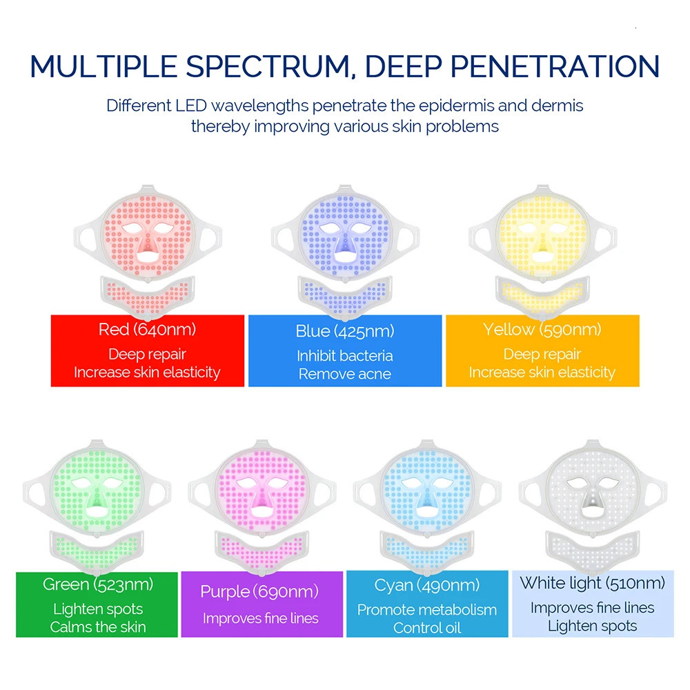 Silicone LED Facial Mask 7 Colors Pon Beauty Face Neck Care Mask Skin Skin Rejuvenation mascara faciales led 250527