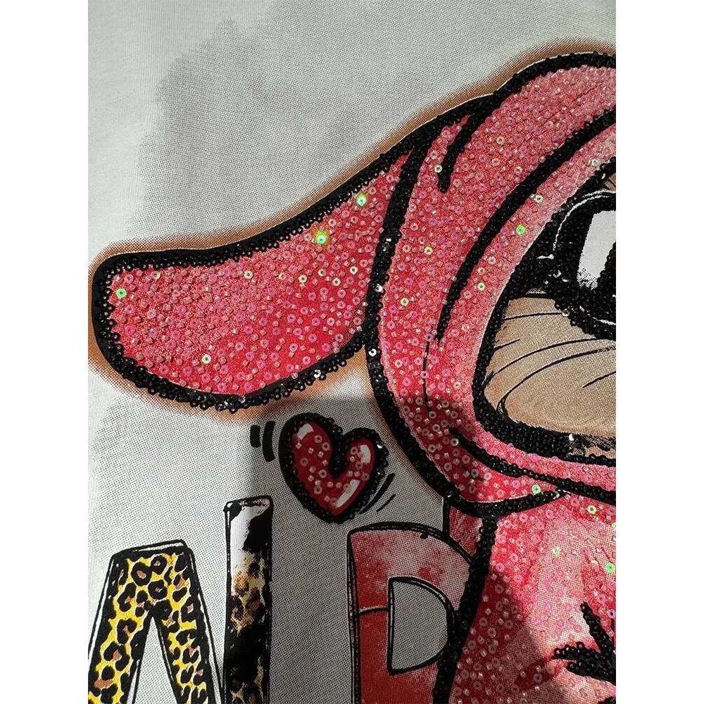 Oversized Rhinestone Rabbit mid-length half-sleeved top 100% cotton women's short-sleeved T-shirt