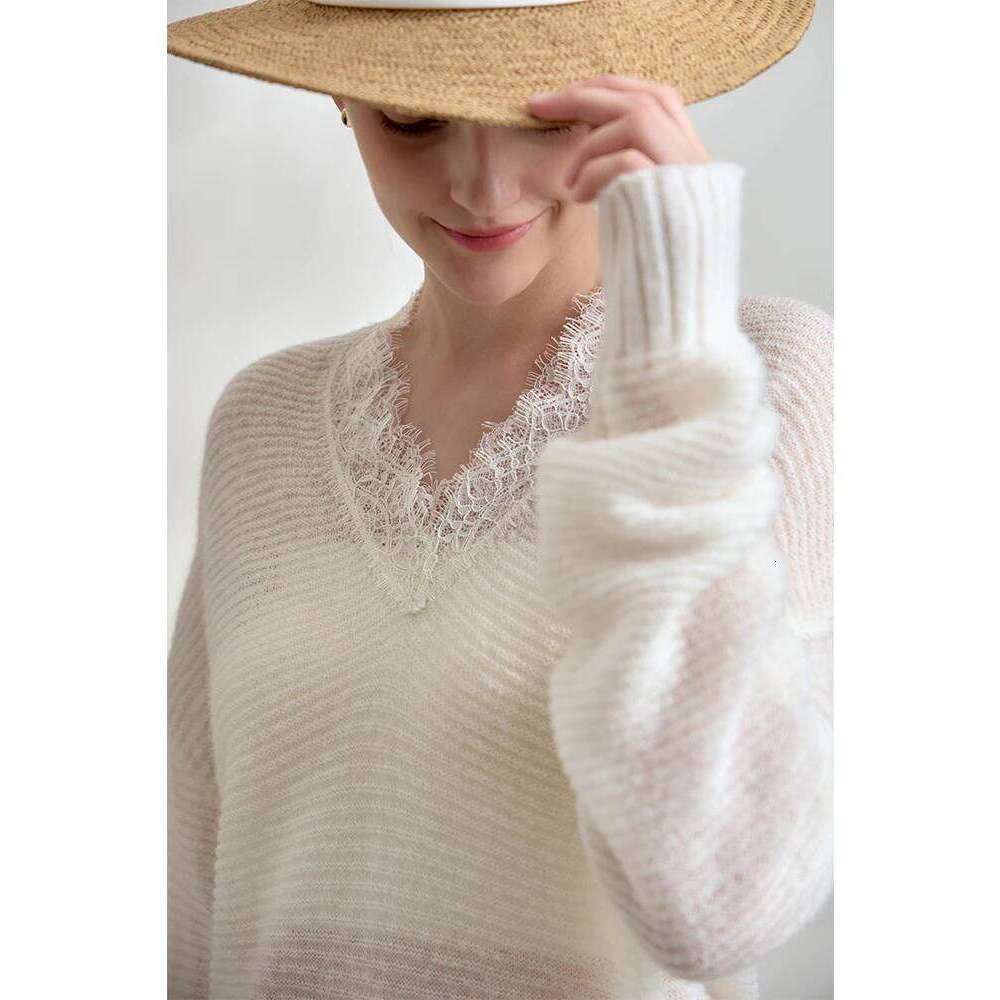 AMII Minimalism Knit Sweater Women 2025 Spring New Lace Solid Slim V-Neck Mohair Mid Length Loose Pullover Knitted Tops 12551043