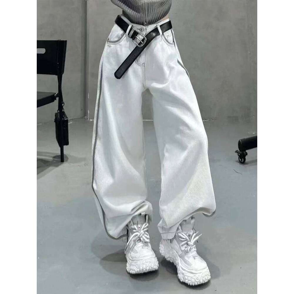 2025 NEW Splicing White High Street Straight Leg Fashion Y2k Style American Spring Oversized Women's Loose Jeans