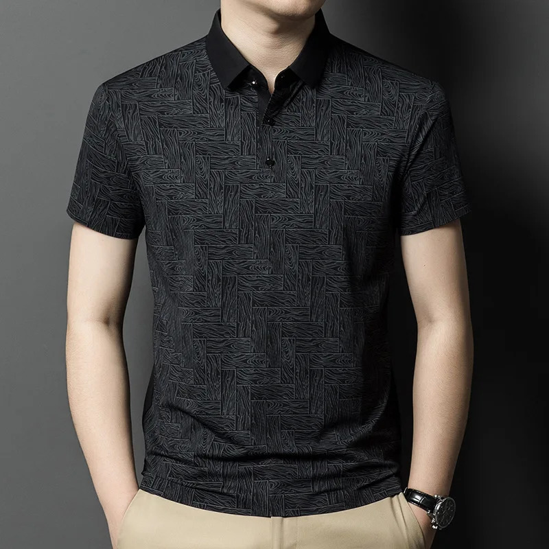 Ice Silk Short-sleeved T-shirt for Men with Lapel Print Summer Thin Casual Short-sleeved Polo Shirt for Men 250526