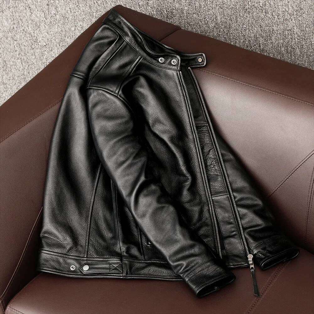 New Trendy Pure Top Layer Soft Cowhide Genuine Men's Slim-Fit Stand-Up Collar Leather Jacket Coat
