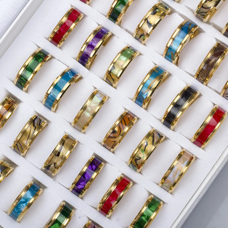 24 Pcs/Lot Fashion Sparkling Multicolor Shells Stainless Steel Rings For Women Men Mix Style Wedding Party Finger Jewelry 250528