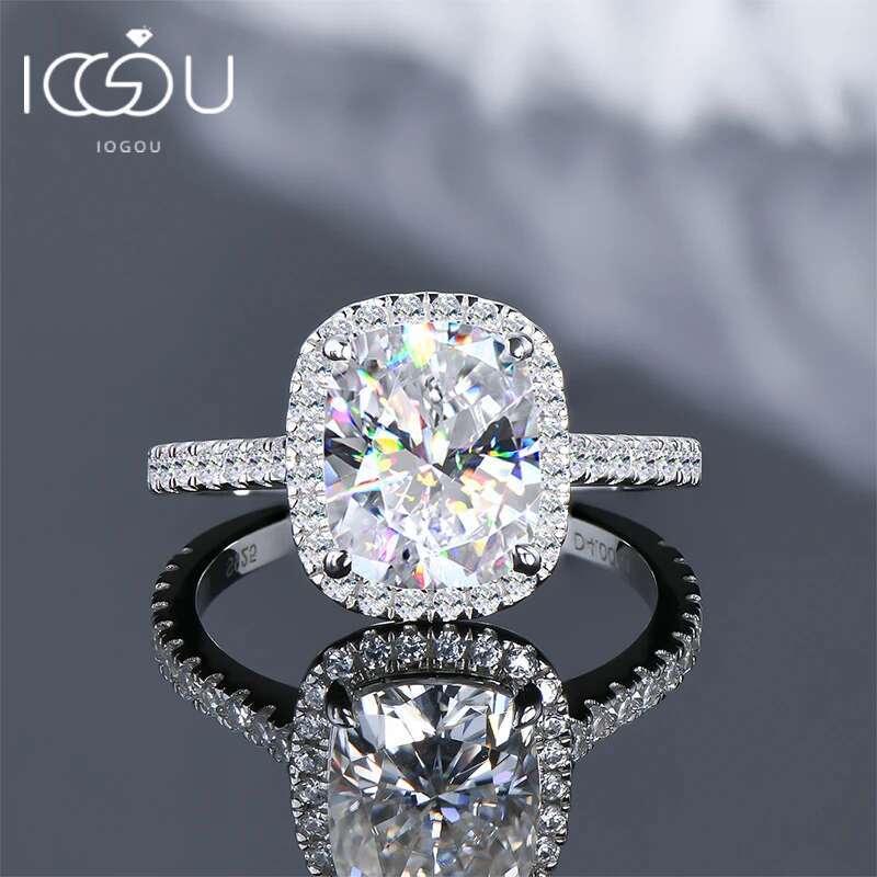 IOGOU Luxury 4ct Moissanite Halo Engagement Ring With GRA Cushion Cut Diamond Wedding Rings 925 Sterling Sliver Wedding Jewelry
