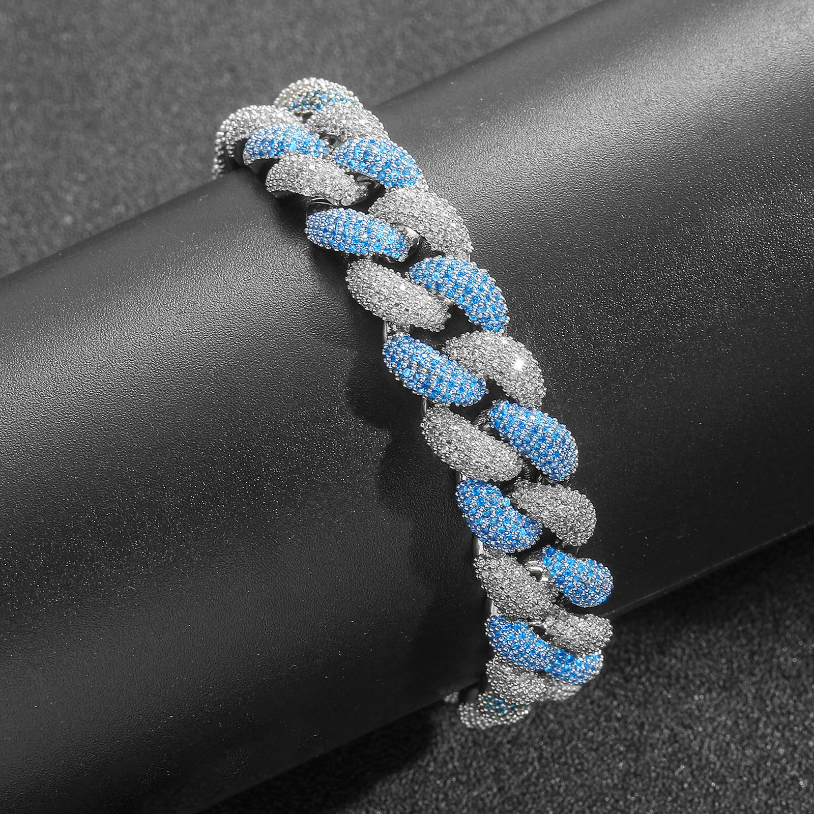 Hip Hop 14MM Blue and White Moissanite Bubble Cuban Bracelet Personality Fashion Creative Mens Hip Hop Bracelet moissanite