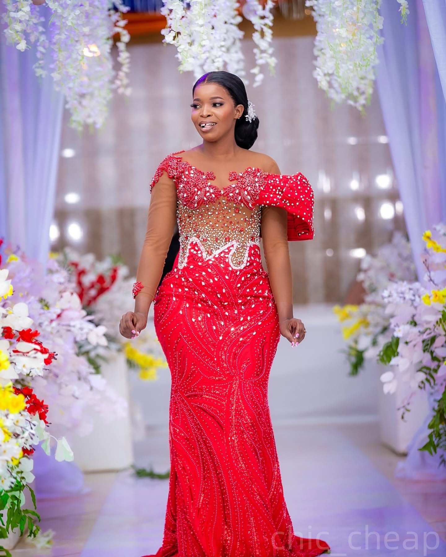 Red Mermaid Prom Dresses 2025 Crystals Full Sleeves Sequined Evening Formal Party Second Birthday Engagement Gowns Plus Size Dress For Special Occasio