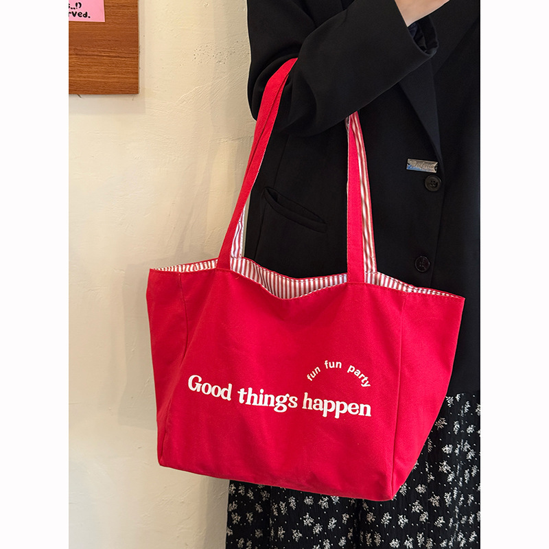 designer Red Reversible Striped Canvas Bag for Women Korean Style Tote Bag Casual Lazy Style Large Capacity Nylon Shopping Bag