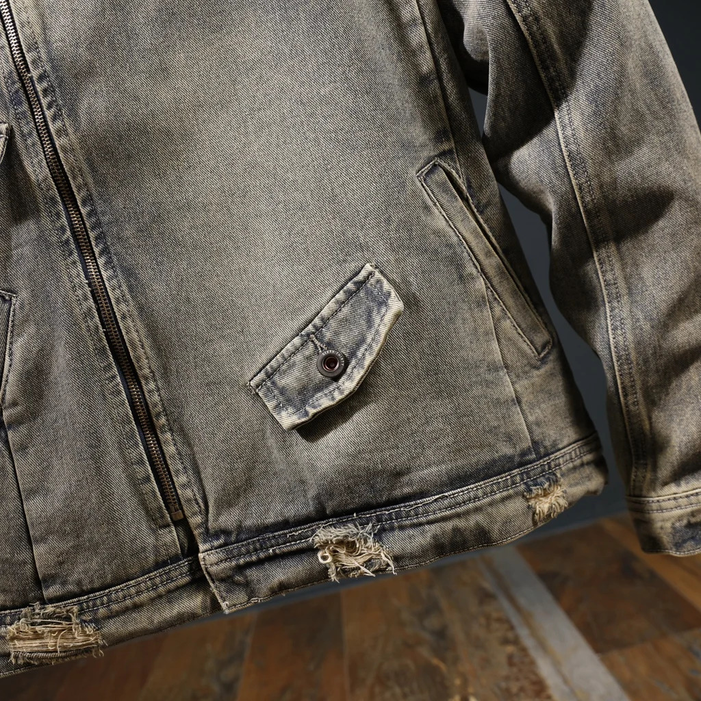 Mens Broken Hole Washed Old Denim Loose Casual Plus Size Ripped Motorcycle Jacket Cowboy Coat Man Spring Autumn Bomber Jacket 250529