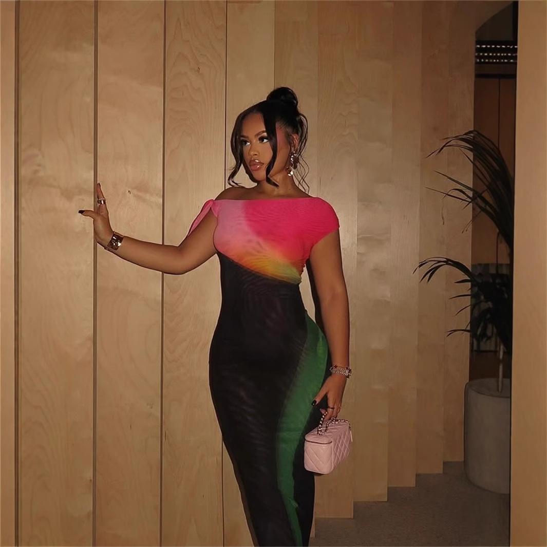 Designer T Shirt Autumn New Fashion Versatile Stretch Color Block Slim Sexy Asymmetric Neck Long Dress Bodycon Dress For Women Essentials Summer Dress