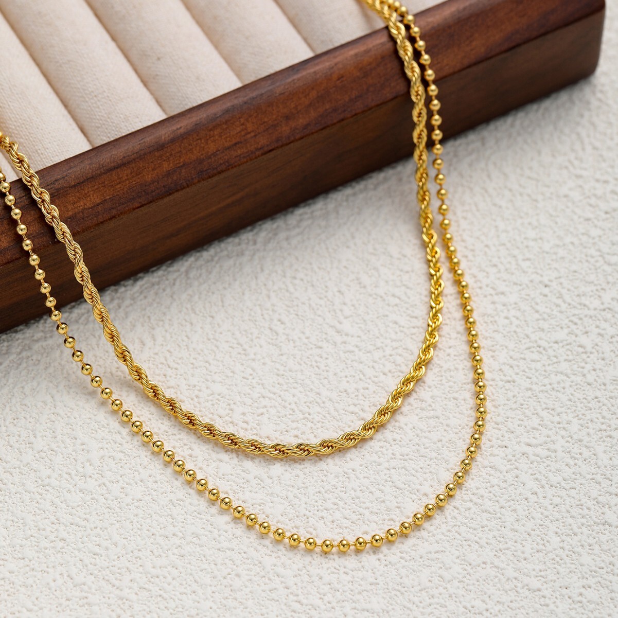 Personalized Style Collarbone Chain Gold Stainless Steel Double Layer Bead Necklace