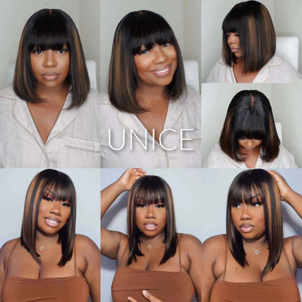 UNICE Yaki Straight Bob With Bangs Balayage Highlight Glueless Wigs Human Hair Ready To Wear 4x2 Lace Wig 150%