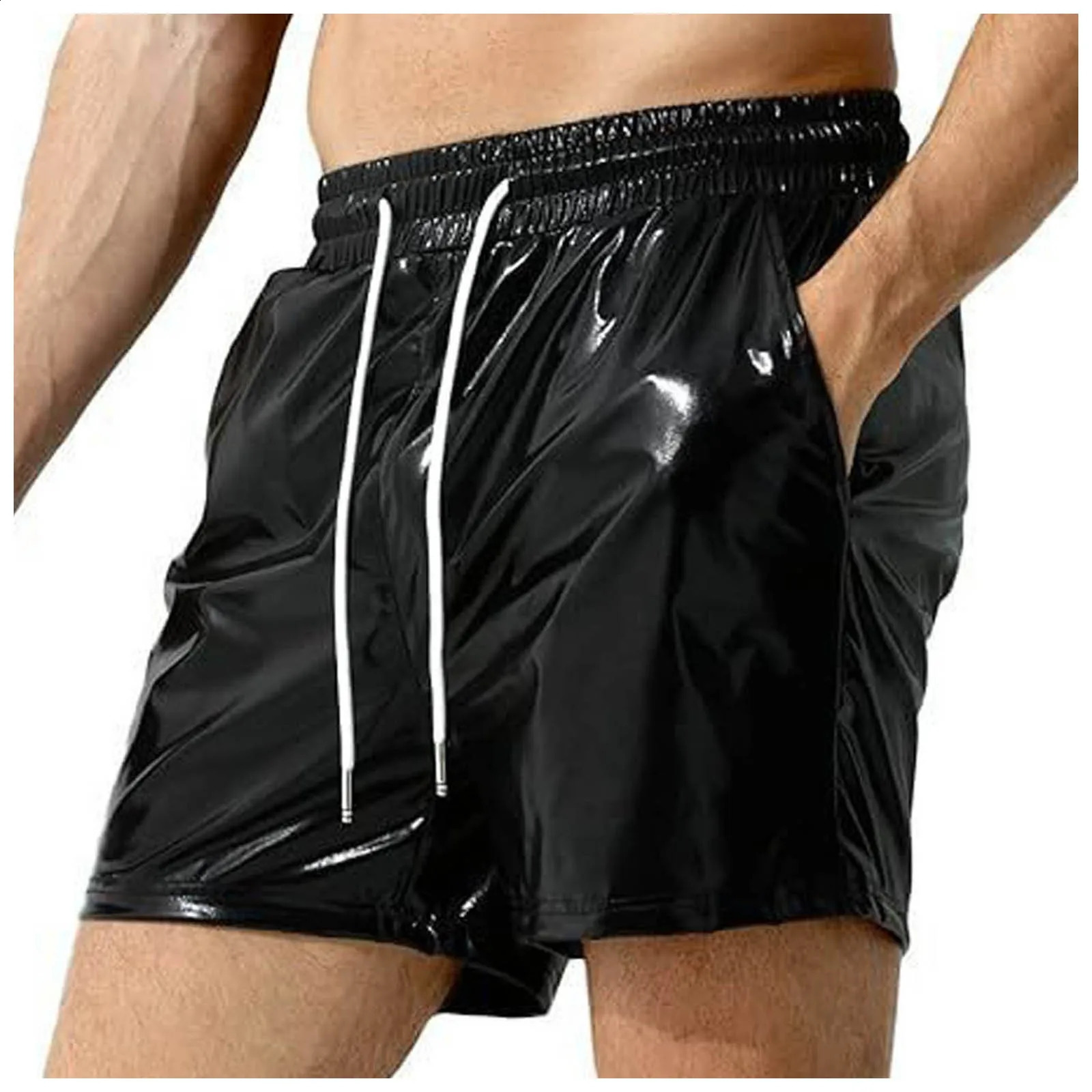 Mens Cotton Beach Shorts Sexy Metallic Shiny Sparkly Elastic Waist Drawstring Pants With Pockets Glitter Outdoor Holiday 250530
