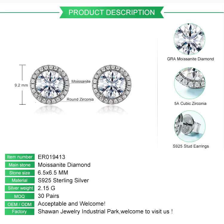 Wholesale Priced 1CT GRA Moissanite Diamond Jewelry Hypoallergenic 925 Silver Round Stud Earrings Fine Jewelry