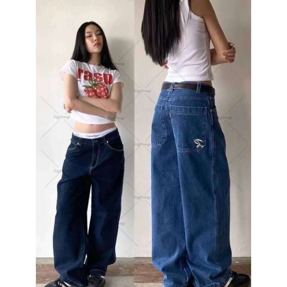 New Haruku Trendy Y2k Streetwear Trousers American Retro Embroidered Washed Baggy Jeans Women Casual Straight Wide-Leg Pants