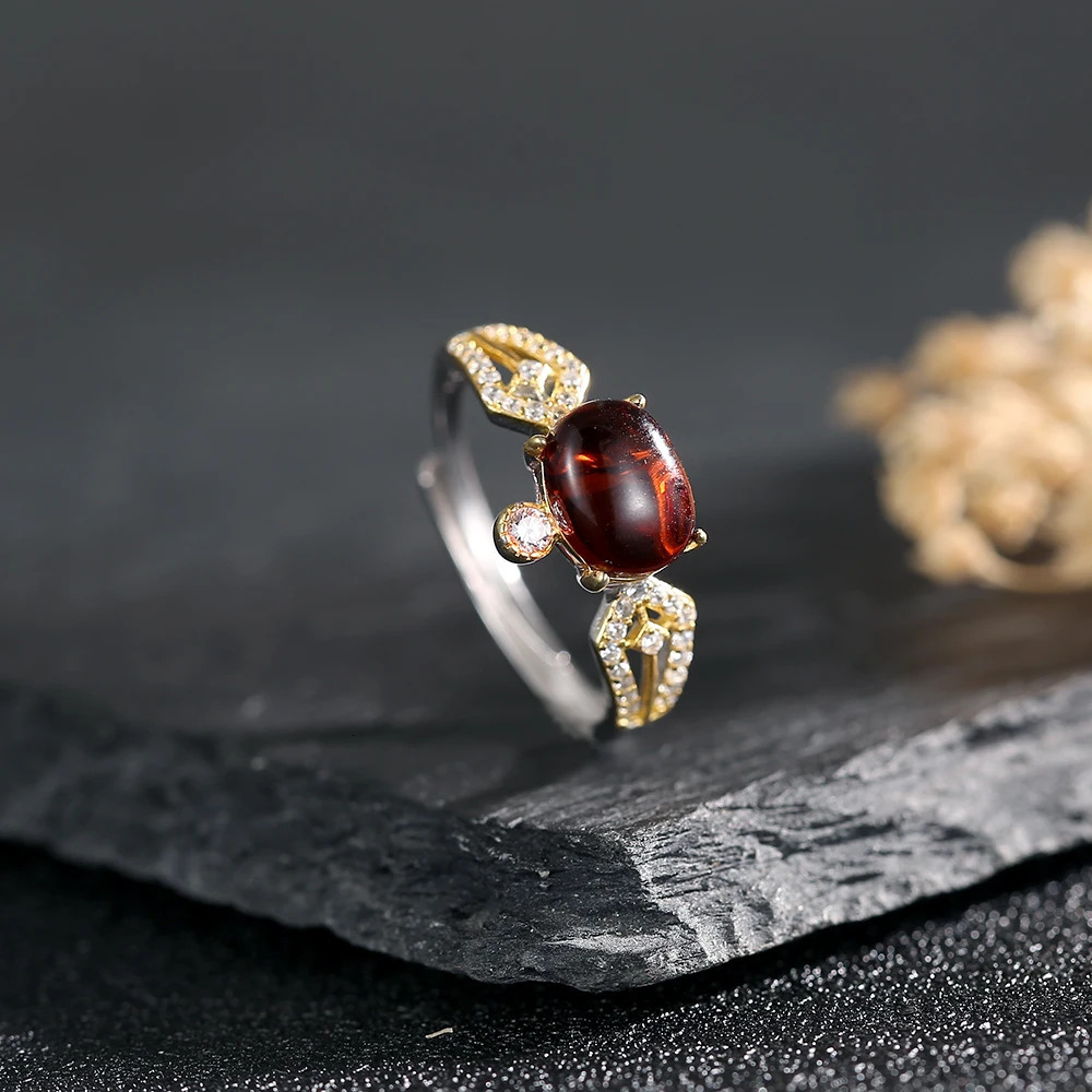925 Sterling Silver Womens Ring with 8*6mm Natural Gems Blood Amber Adjustable Open Bands Jewelry for Daily Wear Birthday Gift 250526