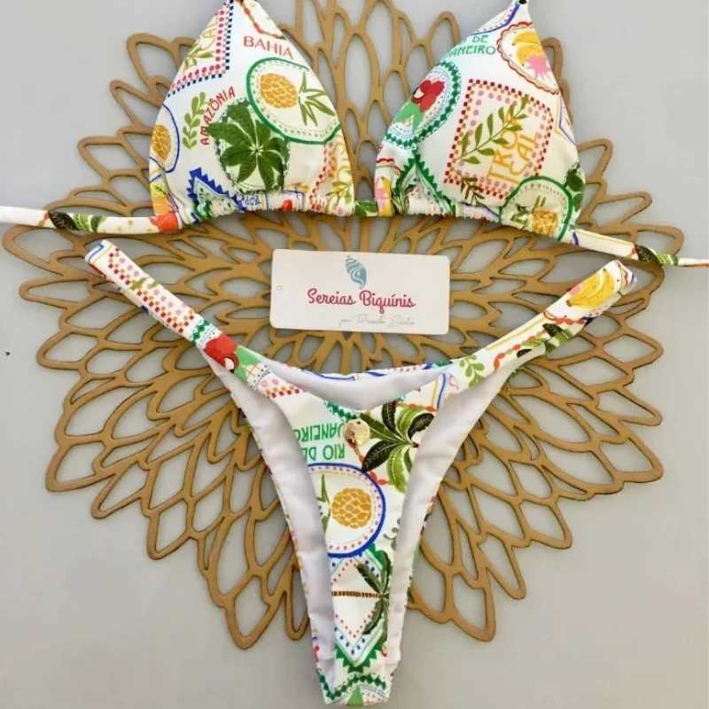 Print Sexy Bikini Sets Halter Lace-up Tops Thongs Beach Style Bathing Suit Y2k Swimsuits Women Beachwear Womens Swimsuit 2025T250602