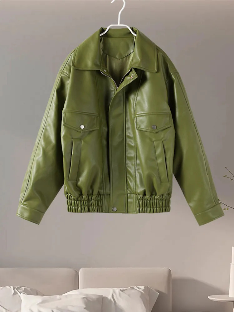 Green PU Leather Womens Coat Fashion Full Sleeve Zipper Lapel Female Coats 2025 Spring Single Breasted Street Lady Outwear 250521