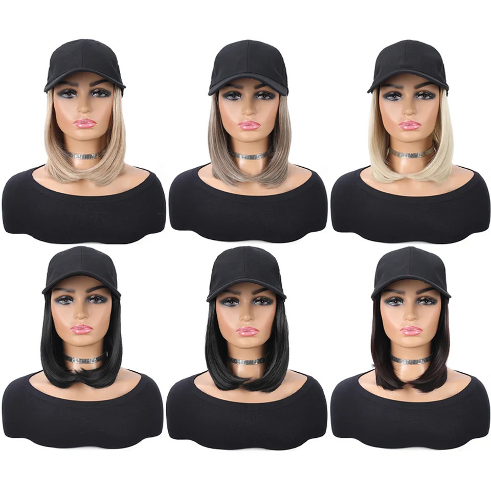 Baseball Cap with Synthetic Hair Extensions Straight Short Bob Hairstyle Adjustable Removable Wig Hat 10 inch for Woman Girl 250530