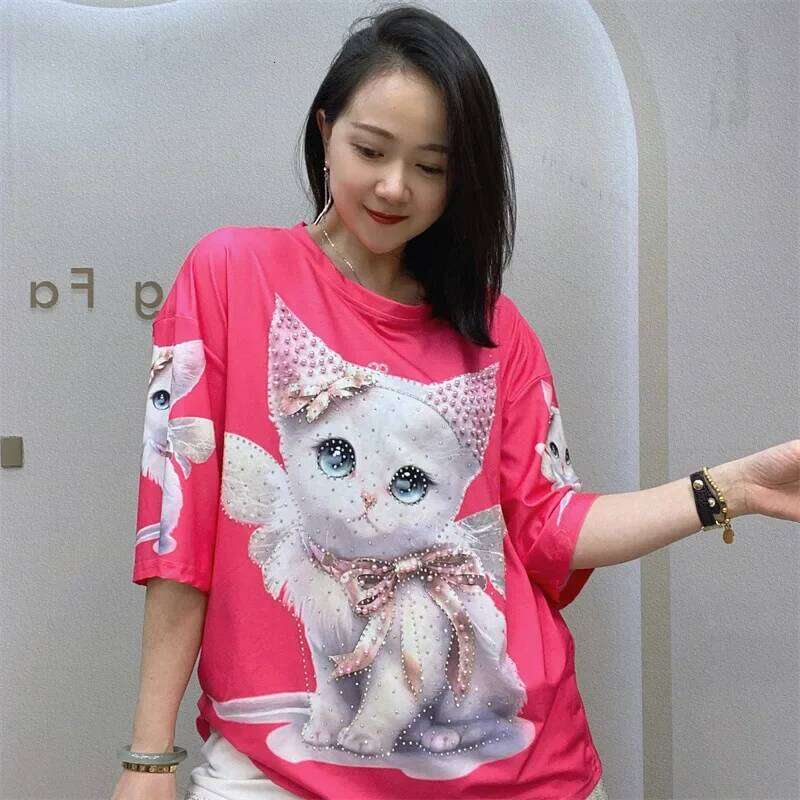 2024 Fashion Printed T Shirts for Women Summer Clothes Casual Cartoon Pattern Hot Dias Beading Female Short Sleeve Tops Tee