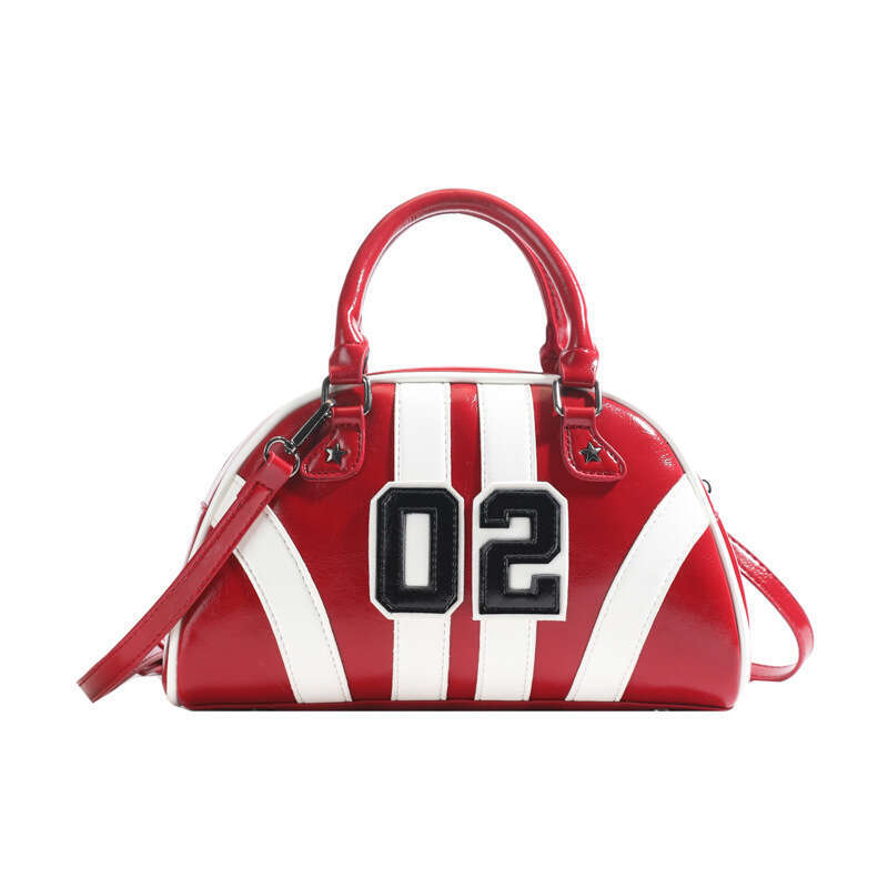 Women's bowling bag oil leather splicing contrasting digital decoration hand-held women's handbag 2025 new casual versatile fashion