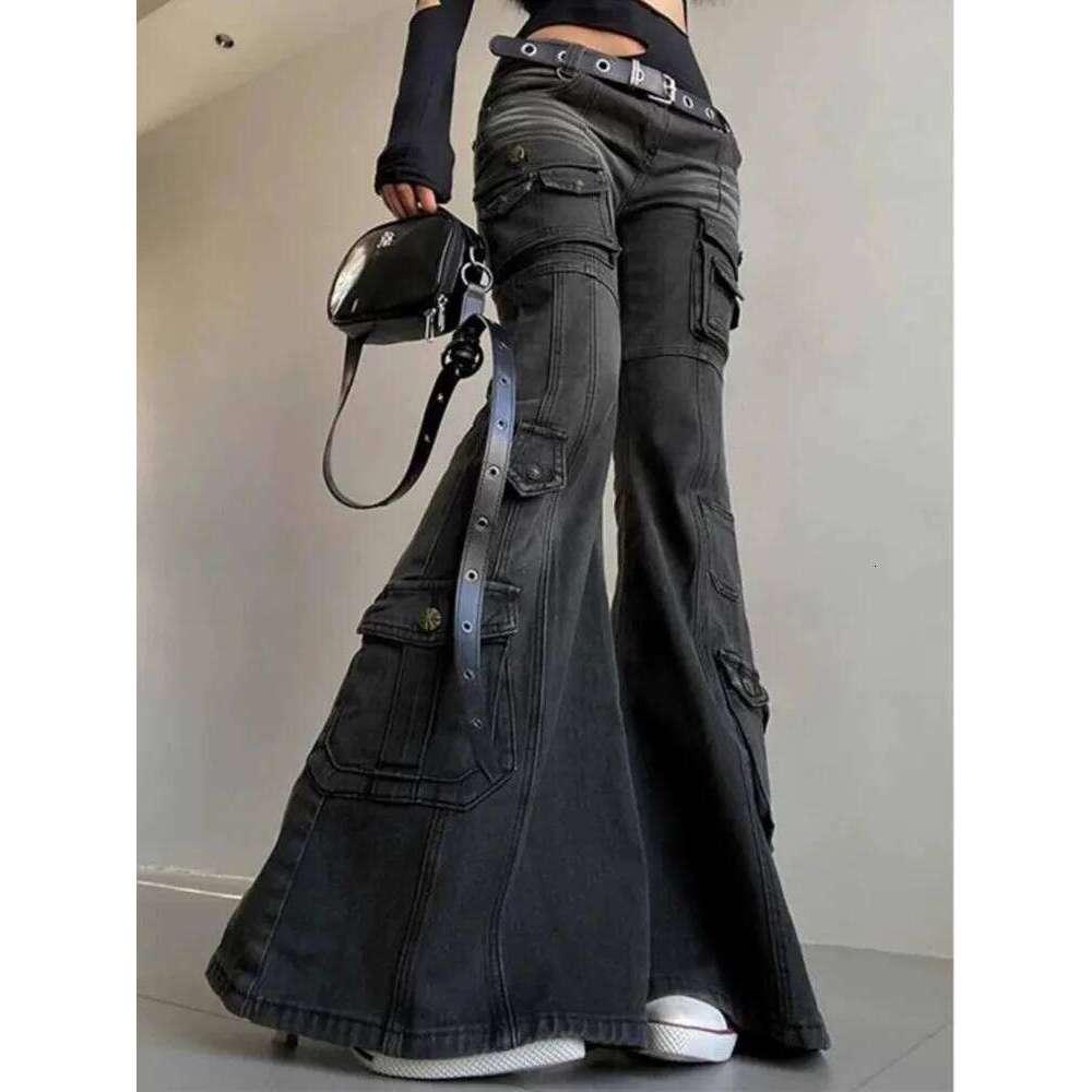 2025 Cyber Y2k Streetwear Vintage Black Slim Flare Cargo Jeans Pants Women Clothing Multi Pockets Lady Trousers Pantalon Femme