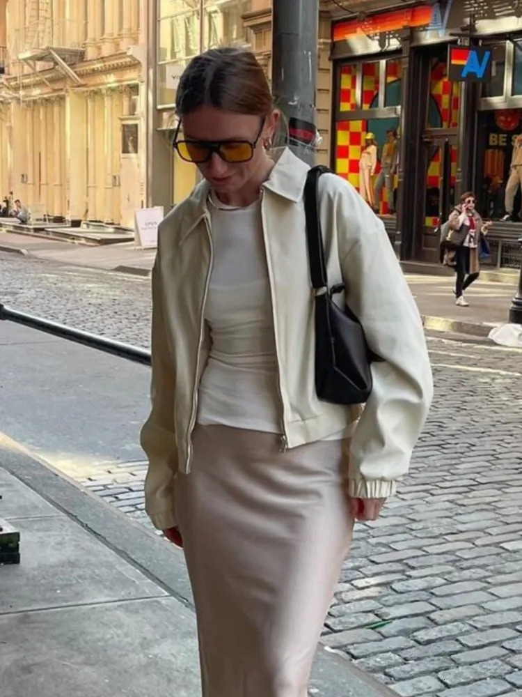 Casual Solid Color Zipper Jacket Vintage Turndown Collar Loose Long Sleeved Short Coat Spring Autumn Fashion Women Overcoat Top 250530