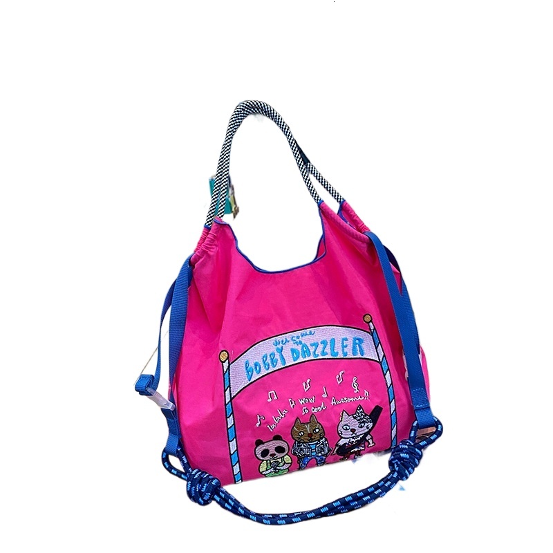 designer Japanese Style Embroidered Eco-friendly Tote Bag Large Ball&chain New Embroidered Cat Band Casual Cartoon Nylon