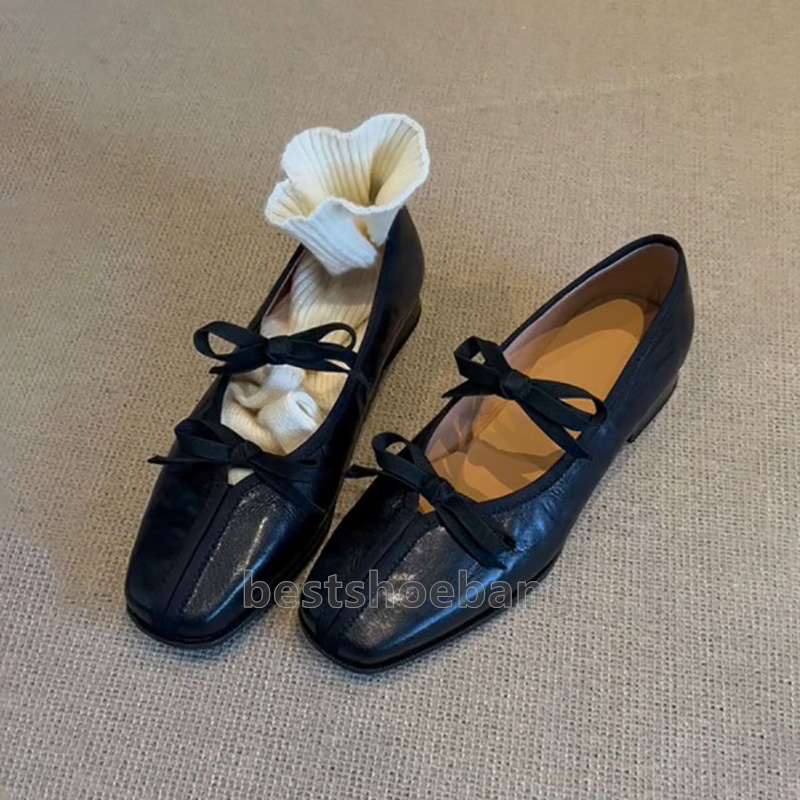 2025 Elegant Bowknot ballet flats loafers mary jane Classic Square Toes Comfort dress shoes Ladies low heels Fashion Leather Slip-On women shoes