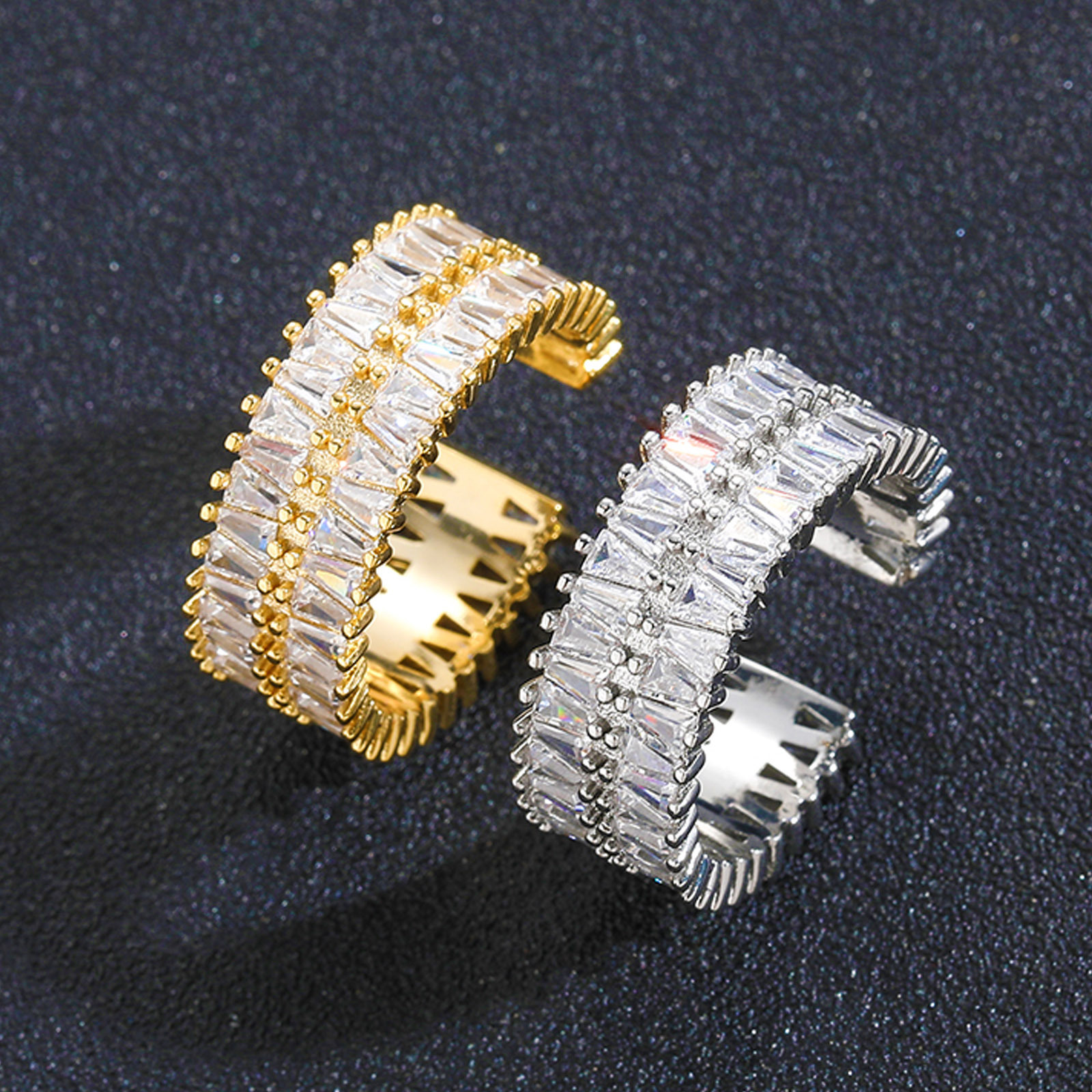 Hip hop mens and womens double row T-shaped Moissanite open ring niche fashion hip-hop personality ring simple accessories moissanite