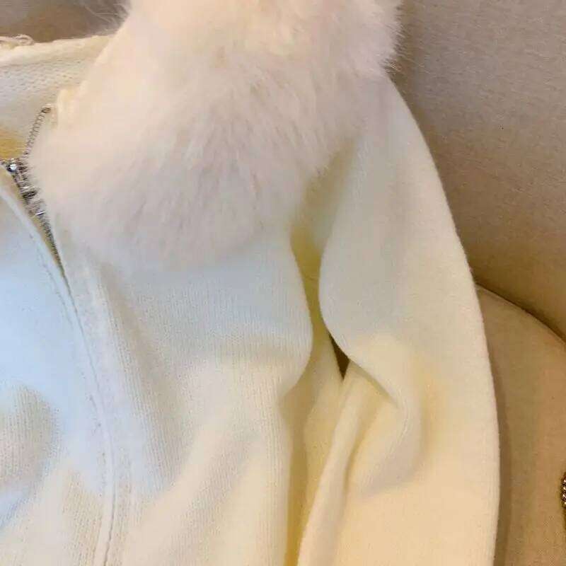 Korean Double Zipper Fur Collar Ing Design Sense Hooded Knit Cardigan Women's New Slim Top In Autumn And Winter