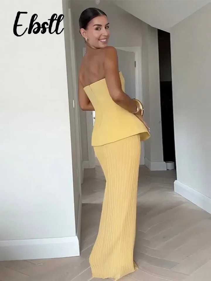 Elegant Strapless Top Skirts Set Women Slim Backless Sleeveless Tops High Waist Pleated Skirt 2025 Spring Lady Solid Outfits 250530